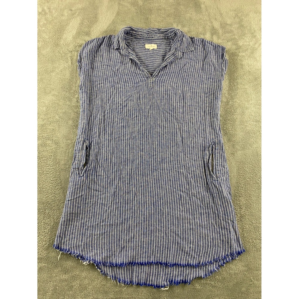 Thread and Supply Blue White Striped Sleeveless‎ Shirt Dress Pockets Raw Hem M
